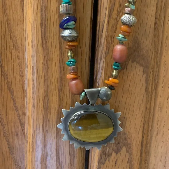 Handcrafted Beaded Necklace with Large Tigereye Pendant - Picture 4 of 6